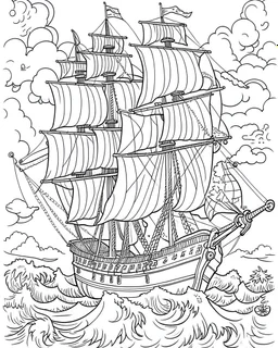 Pirate Ship Adventure: Design a coloring page showcasing a majestic pirate ship sailing through rough seas. Include elements like billowing sails, Jolly Roger flag, and crashing waves for an exciting coloring challenge.