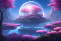 futuristic landscape, uninhabited planet, shiny transparent domes, several suns, magnificent blue light, magnificent trees and nature, blue river and pink flowers over there