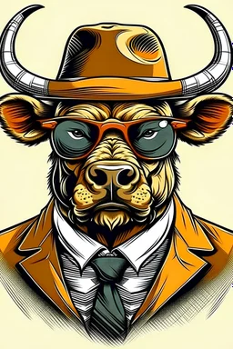 Big, wild, ugly, muscular bull in hat , tie and sunglasses