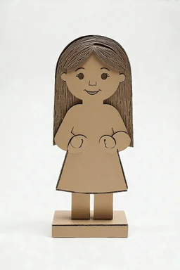 Sculpture en cartons d'emballage, petite fille aux cheveux longs, fond blanc
