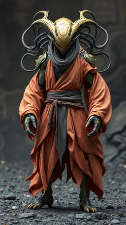 A centering dynamic view action showcasing the fusion of figma and Neumorphic elements, depicting a fully fantasy of an alien Its intricate mechanisms are driven by interlocking robes and complex fabrics casual outfit embedded throughout its massive figma frame. Stance on black mechtech battlefields abandone Dojo. no camera