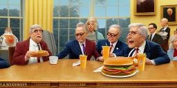 humanlike aliens in clothes enjoying fast food on earth in the oval office