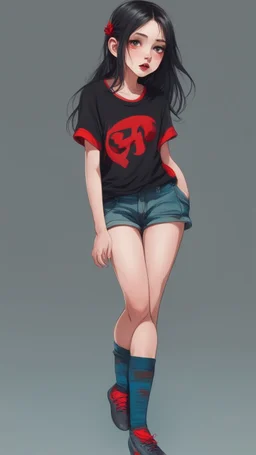 generate a full-length girl with gray-green sad eyes, with dark hair above the shoulders, a round face, not very plump lips, in a black T-shirt with a red print, short shorts, blue socks