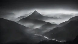 Photoreal magnificent night-time lake valley aztec or mayan mystic valley with enormous mountain ranges on both side in pitch black night in fog by lee jeffries, otherworldly creature, in the style of fantasy movies, photorealistic, shot on Hasselblad h6d-400c, zeiss prime lens, bokeh like f/0.8, tilt-shift lens 8k, high detail, smooth render, unreal engine 5, cinema 4d, HDR, dust effect, vivid colors