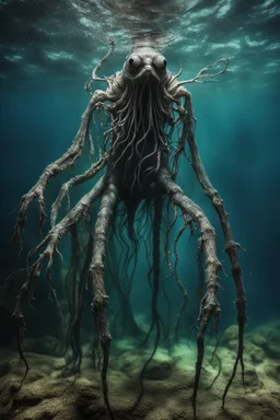 Underwater, closeup legged slimy creature with creepy eyes, fullbody, his skin turned translucent revealing a network of black veins that extended like roots, ragged clothes, , 8k,macro photography,