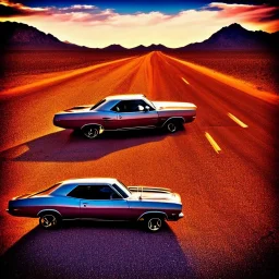 muscle car, just married, desert road, sunset, full colour,