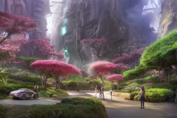 futuristic cyberpunk city, advance civilization, luxurious streets, with lush italian sakura garden located on waimea canyon in kauai, rocks formed by water erosion, beautiful smooth sandstone in unique shapes with light beams that shine through its walls, polish narrow slots of walls into a striated swirling finish, digital painting, concept art, smooth, sharp focus, from star trek 2021, illustration, by wlop and ruan jia and mandy jurgens and william-adolphe bouguereau, artgerm