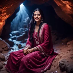 Hyper Realistic Photographic Outside View Of A Gorgeous Pashto Girl (Wearing Simple Burgundy Colored Dress With White Embroidery & Wearing Pink Dupatta On Her Neck) Happily Sitting & Smiling Boldy In A Cave & Showing Her Long Black Hair With Glowing Big Crystals, With Heavy Rain Outside Cave At Dark Night Showing Dramatic & Cinematic Ambiance.