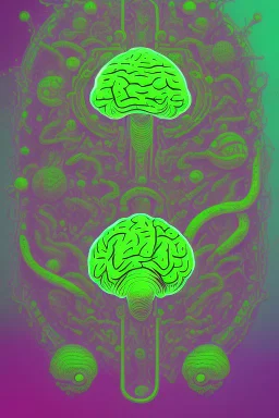 Vintage illustration of a slimey green brain melting, cartoonist animation style, hand drawn, neon lighting, gross art, pop punk, 90s anime inspired, airbrushing, post modern, horror cut, gradient chrome abberations, retro weird drawings, alien brain matter, blood spatter , scifi punk