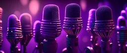 an array of a huge old school microphones, purple tones, dreamy, psychedelic, 4k, sharp focus