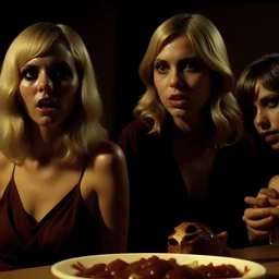 Horror movie shot, hot party, die, ultra realistic, dine, pastel, ultra chaos, realistic hot blonde women, pieces of meat, monster, horn, satan, pieces of organs, hot, 1970's Italian horror movie, sinister, Dario Argento, Stanley Kubrik, ornate, 4k, photorealism