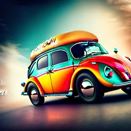 blimp vw-beetle hybrid, retrofuturistic, phototrealism, in flight, one subject,