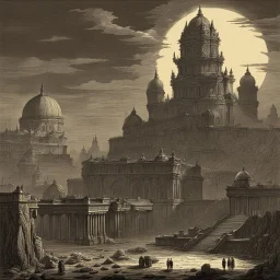 art by "Piranesi", painting, landscape , Feigned The Palace Beyond Good and Evil, at Dawn, Illustration, Hopeless, 70s Science Fiction, Provia, overly complex style