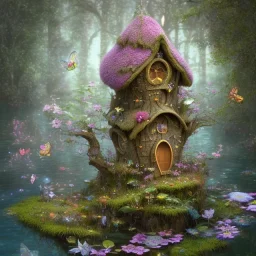 high-quality, fine-detail beautiful fairy house with a clear, reflective lake, flowers, butterflies, small globes of iridescent light, tranquil, gorgeous, 8k resolution, 3D octane render, intricate, sharp, crisp, digital art, detailed matte, volumetric lighting, George Grie, Anne Dittman, Anne Stokes, Lisa Parker, Selina French, Alphonese Mucha