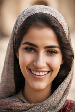 Palestinian woman with beautiful face turning her face slightly to the left and a beautiful smile and her mouth closed