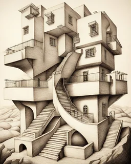 boceto a mano alsada A captivating, surrealist painting of a gravity-defying, Escher-inspired building with multiple perspectives, impossible staircases, and fantastical elements that defy the laws of physics, set within a dream-like landscape.