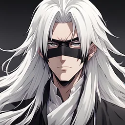 anime guy with long white hair that has a black mask on