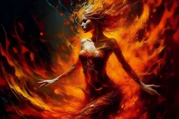 she is a gorgeous woman-like being created out of fire and ashes ((she is coming out of molten lava), fire embers dance around the character, by Vladimir Matyukhin, RAW, intricate, vibrant colors,(((facing viewer)))