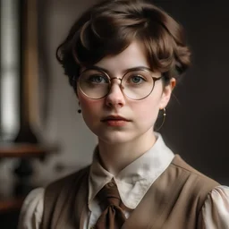 Young lady with short brown haircut and glasses in historical clothes