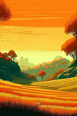 Rice field，Trees，Warm color palette，Animation，cliff