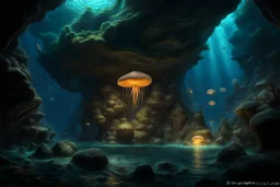 A mysterious underwater cave, rock formation, glowing jellyfish, strange aquatic creatures, art by Lucas Graciano. fantasy concept art, exquisite realism, a masterpiece, dynamic lighting, hyper detailed, intricately detailed, deep color, Unreal Engine, volumetric lighting , Epic cinematic brilliant stunning intricate meticulously detailed dramatic atmospheric maximal,