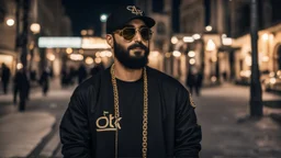 a single man, an Arab from the Middle East, he has a beard, who wears a gold chain, with a t-shirt marked ODK, wears a black baseball jacket with the mark ODK, which bears black sunglasses, with a black baseball cap with the initials branded ODK. at night, in the city center, at night.