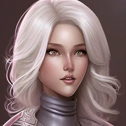 D&D character, female, cleric, platinum blonde hair, gold eyes, smile, teal armor