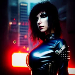 portrait, beautiful punk busty female Cyborg, intense stare, sad eyes, post-apocalyptic in a cyberpunk city,minimal skintight latex dress, bladerunner, realistic, intriacte detail, sci-fi fantasy style, masterpiece, volumetric lighting, particles, highly detailed ,cinamatic , deep colours,8k, in the style of Kaare Andrews