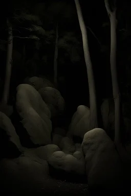 Night, trees, rocks, mountains, creepy, gothic horror films influence, photography