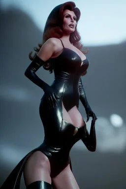 Raquel Welch as evil queen in black leather gown, angry, busty, curvey, cleavage, unreal 5, octane render, cinema4d, dynamic lighting, dramatic lighting, 4k, redshift render, highly detailed, hyper realistic