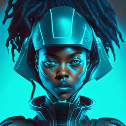 portrait of a black woman cyberpunk wearing futuristic cyan helmet