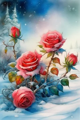 magic Winter landscape, blooming roses in the snow. Jean-Baptiste Monge style, watercolor, ink. Picturesque and colorful. Bright colors of the ring exquisitely luxury chic aesthetics photo harmony professional photo 64K pixel graphics high detail bright lighting