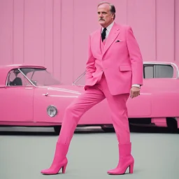 [art by Wes Anderson] John Cleese with massive muscles in a pink battlesuit pink gloves and pink high heel boots. The Ministry of Silly Walks.