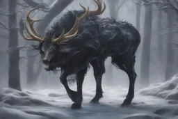 Venom Shadow symbiote in 8k realistic anime drawing style, Deer skull, non-eyes, blue neon crystal Antlers, dark snow forest, intricate details, highly detailed, high details, detailed portrait, masterpiece,ultra detailed, ultra quality