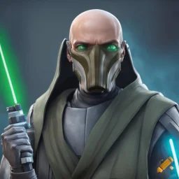 star wars bald male corellian jedi pilot wearing black and olive drab old republic armored flightsuit with gold trim inside the jedi temple holding a lightsaber with viridian green blade in left hand, centered head and shoulders portrait, hyperdetailed, dynamic lighting, hyperdetailed background, 8k resolution, volumetric lighting, light skin, fully symmetric details