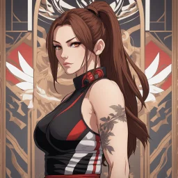 An Arrogant-Looking Young Woman With Pale Skin, Red Eyes, And Long Brown Hair Pulled Up In A Single, Straight Ponytail. MMA fighter. wearing a black crop top and leggings. Anime Style, High Definition, Greg Rutkowski, 8k Resolution, Intricate Details