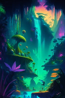 A fantastical landscape painting of a lush, alien jungle on a distant exoplanet, with bioluminescent plants, towering waterfalls, and an array of otherworldly creatures, executed in a rich color scheme and imbued with a sense of awe and wonder.