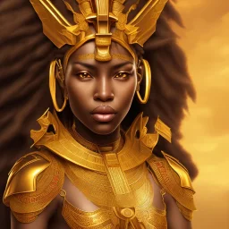 young african woman, short dark hair with golden highlights, ancient ((Egypt)),whole body, ancient armor, lion, golden jewelry, kente, flames as clouds, magnificent, majestic, highly intricate, incredibly detailed, ultra high resolution, complex 3d render,