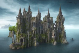 A futuristic ruined gothic building on an island floating over the sea with balconies, verandas, many arches, bridges, spires, paths, trees, dense foliage, spanish moss, ivy, blue sky, white clouds