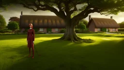 A photorealistic image of a red-haired, slender woman standing in a village green, surrounded by many thatched cottages, next to a large tree. Sunny day.