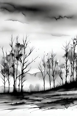 Watercolor black and white far away trees