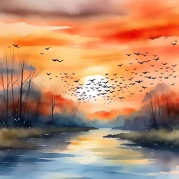 A watercolor painting of a flock of birds flying over a river at sunset with realistic textures.