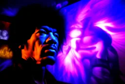 close-up Jimi Hendrix, kinetic lighting, dynamic light patterns, moving lights, immersive illumination, synchronized lighting, LED lighting, concert lighting, theatrical lighting, artistic lighting, dynamic lighting, light show, visual spectacle --ar 3:4 --niji 5