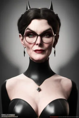 Carmen Dell`orifice as evil queen in black leather, leather, busty, cleavage, angry, stern look. character design by cory loftis, fenghua zhong, ryohei hase, ismail inceoglu and ruan jia. unreal engine 5, artistic lighting, highly detailed, photorealistic, fantasy