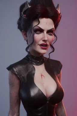 Amy Dumas as evil queen in black leather, leather, busty, cleavage, angry, rage, stern look. character design by cory loftis, fenghua zhong, ryohei hase, ismail inceoglu and ruan jia. unreal engine 5, artistic lighting, highly detailed, photorealistic, fantasy