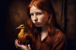 Beautiful golden red hair girl holding duck portrait in ochre, moody, somber, desaturated colors