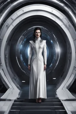 photorealistic slim woman looking and dressing like Drusilla standing at the entrance to a spaceship