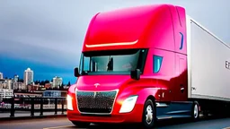 A Tesla semi-truck is racing at top speed, across the 'Pike Place Market', in Seattle. CINEMATIC. WIDE ANGLE LENS. PHOTO REAL.