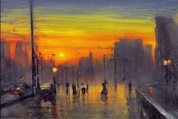 City, distant city, sunset, people, street, Street reflections, lesser ury and otto pippel impressionism paintings