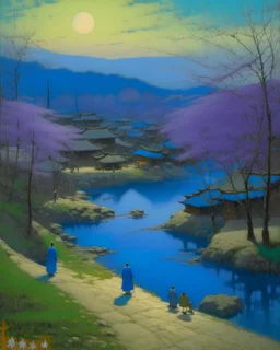 A blue Japanese village near a watery springs painted by Birge Harrison